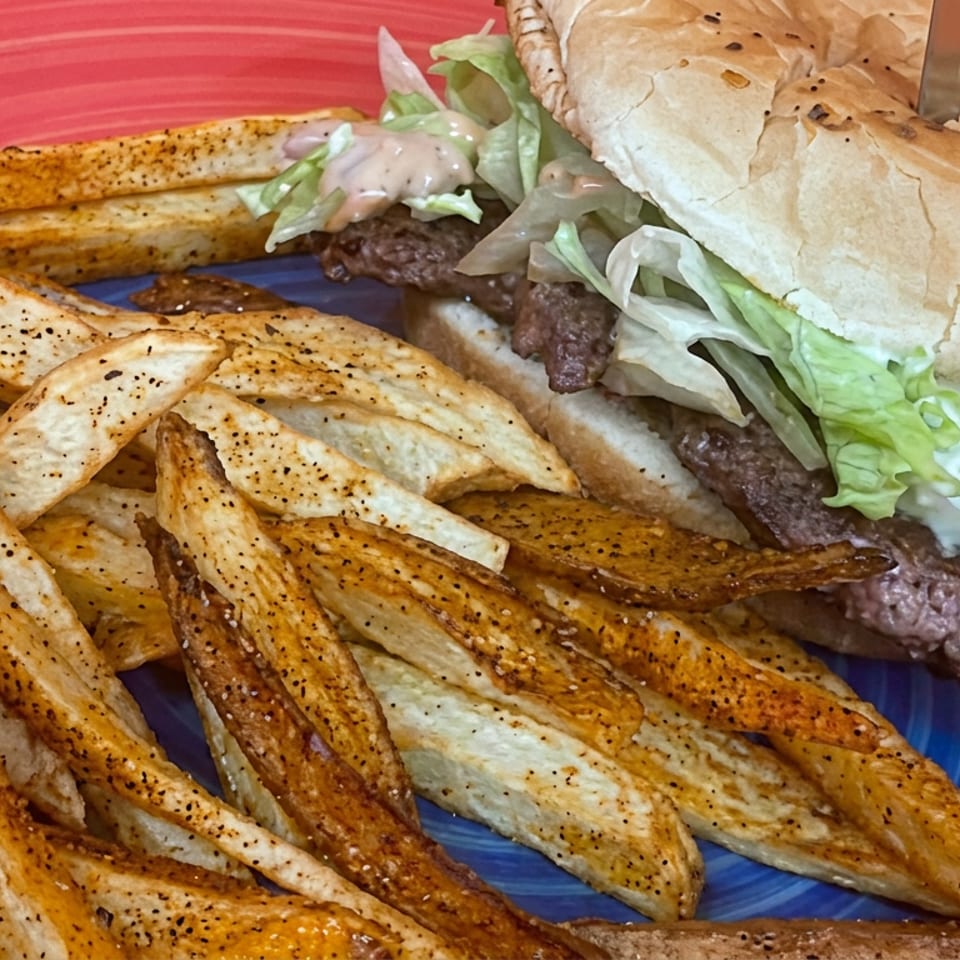 Sesame-seed burger with lettuce and sauce served alongside a large portion of seasoned fries on a colorful plate.