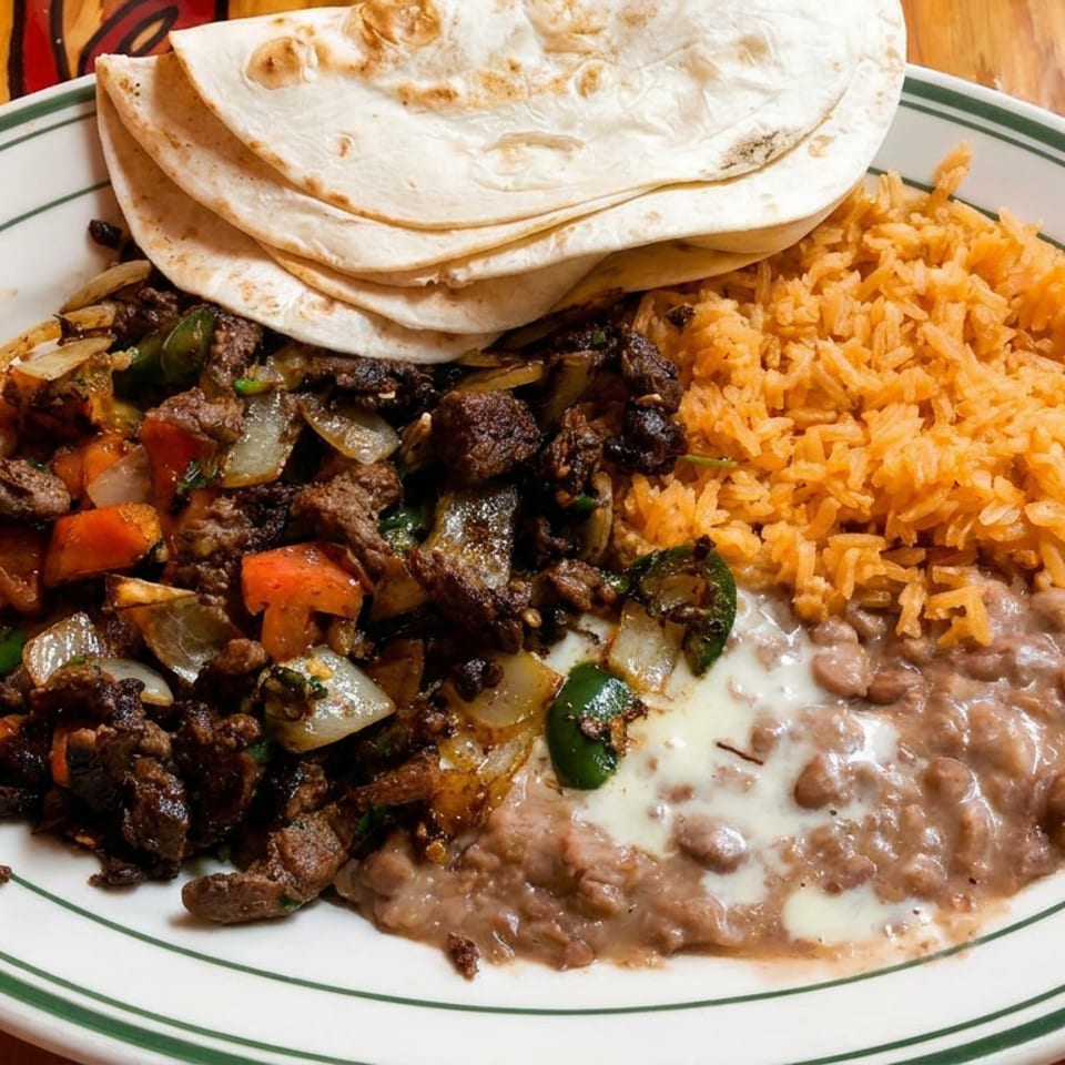 Mexican-style platter with grilled beef, peppers and onions, orange rice, refried beans, tortillas, and crema.